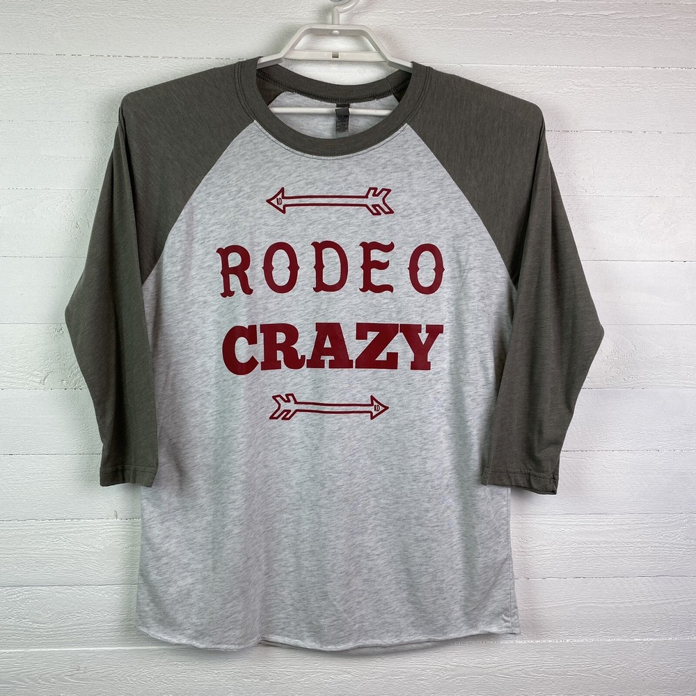 Rodeo Crazy Raglan T-Shirt Medium Gray Red Writing 3/4 Sleeve Basebal Next Level